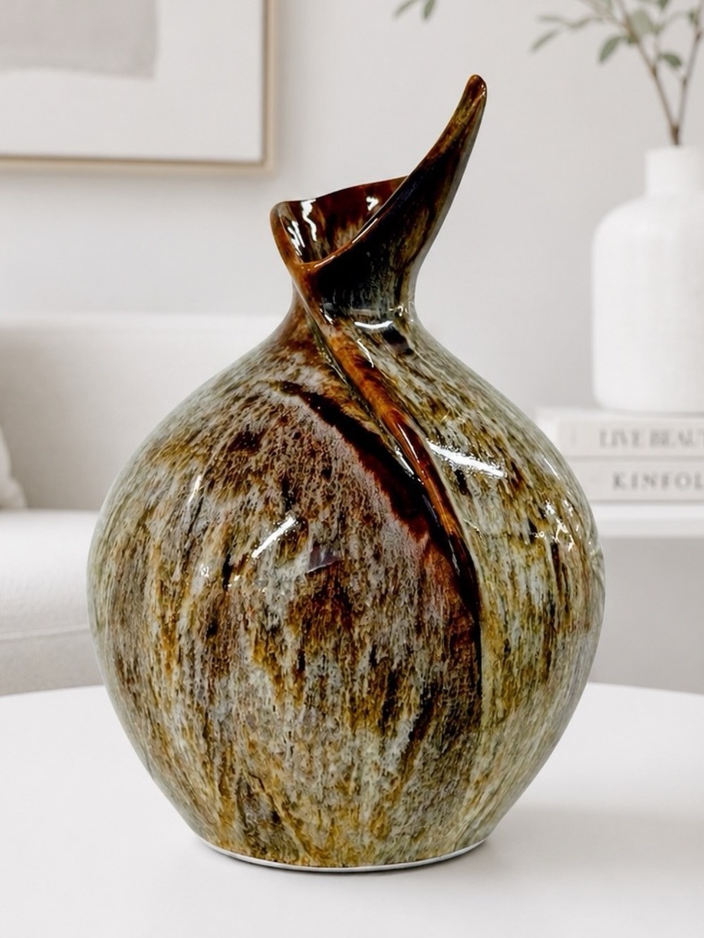 Signed Studio Art Pottery Vase 10.5” Sculptural Swirl Rim Earth Tone Glaze